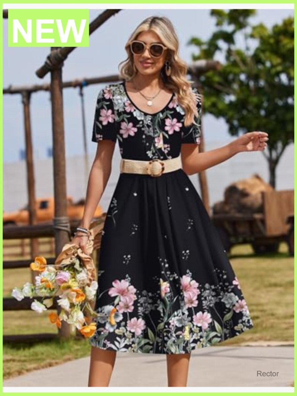 Women's Floral Midi Sundress with Pockets V Neck Short Sleeve Pleated A-Line - Picture 4 of 7